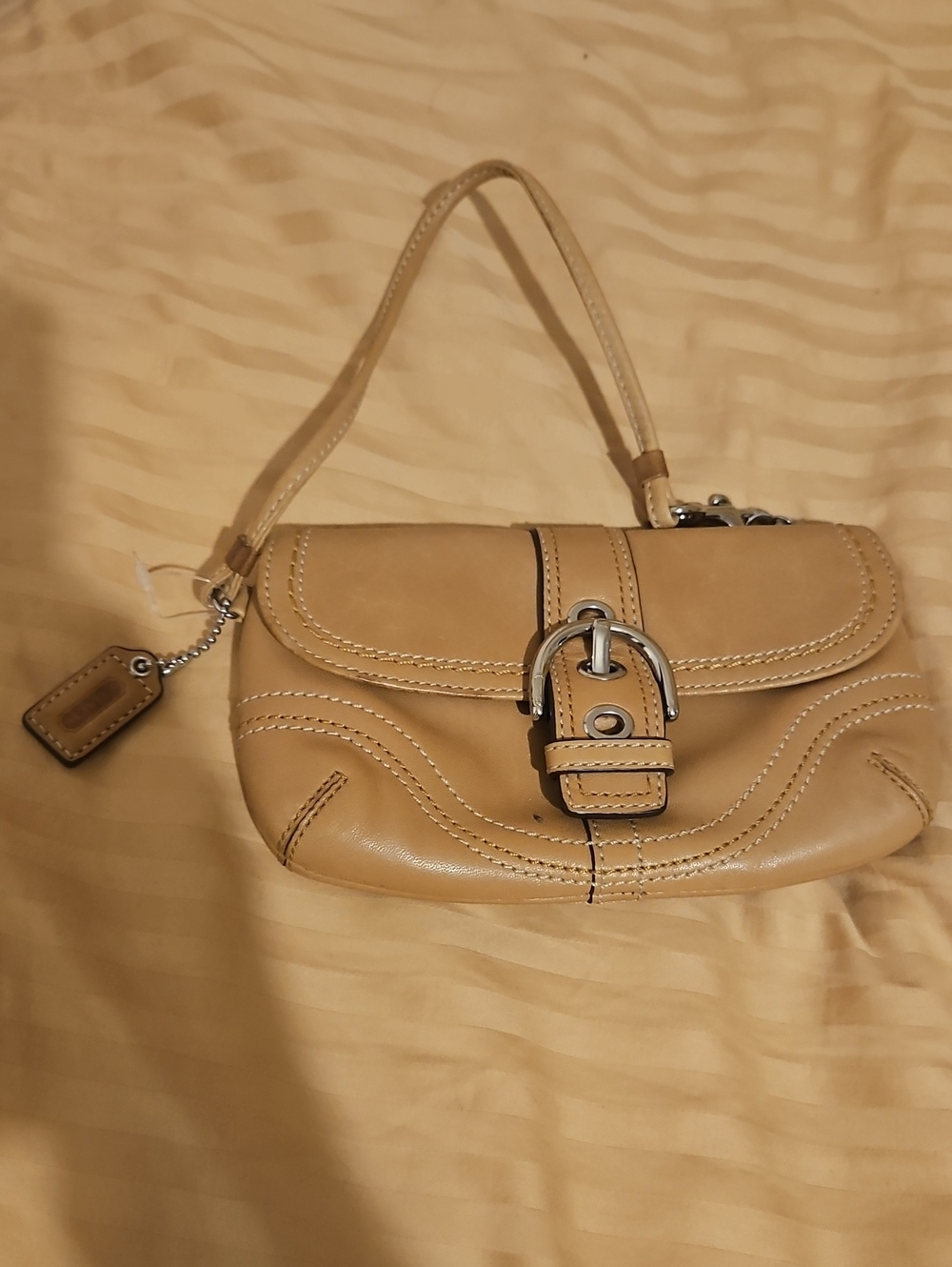 Coach Tan Leather Wristlet Clutch with Buckle Detail